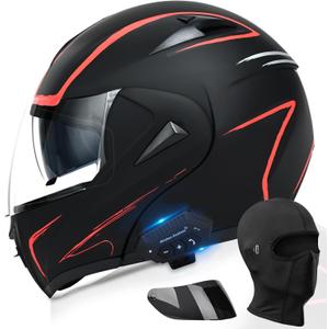 Motorcycle Bluetooth Modular Helmet, DOT Approved Dual Visor Full Face Flip Up Bluetooth Integrated Motorcycle Helmet for Adults Men and Women (Red,X-Large)