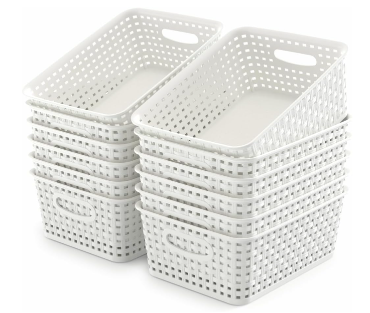 12 Pack Plastic Storage Baskets for Organizing, Storage Baskets for Shelves with Handles, Small Storage Bins with Labels, Organizer Baskets for Cabinet,Closet, Office
