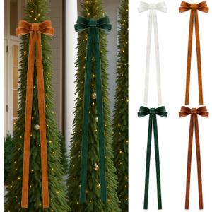 Civaner 4 Pcs Khaki Green White Brown Extra Large Christmas Velvet Tree Bow 47.2 x 11.8 Inch Vintage Giant Wreath Christmas Tree Topper Bow Ornament with Long Streamer for Door Staircase Outdoor