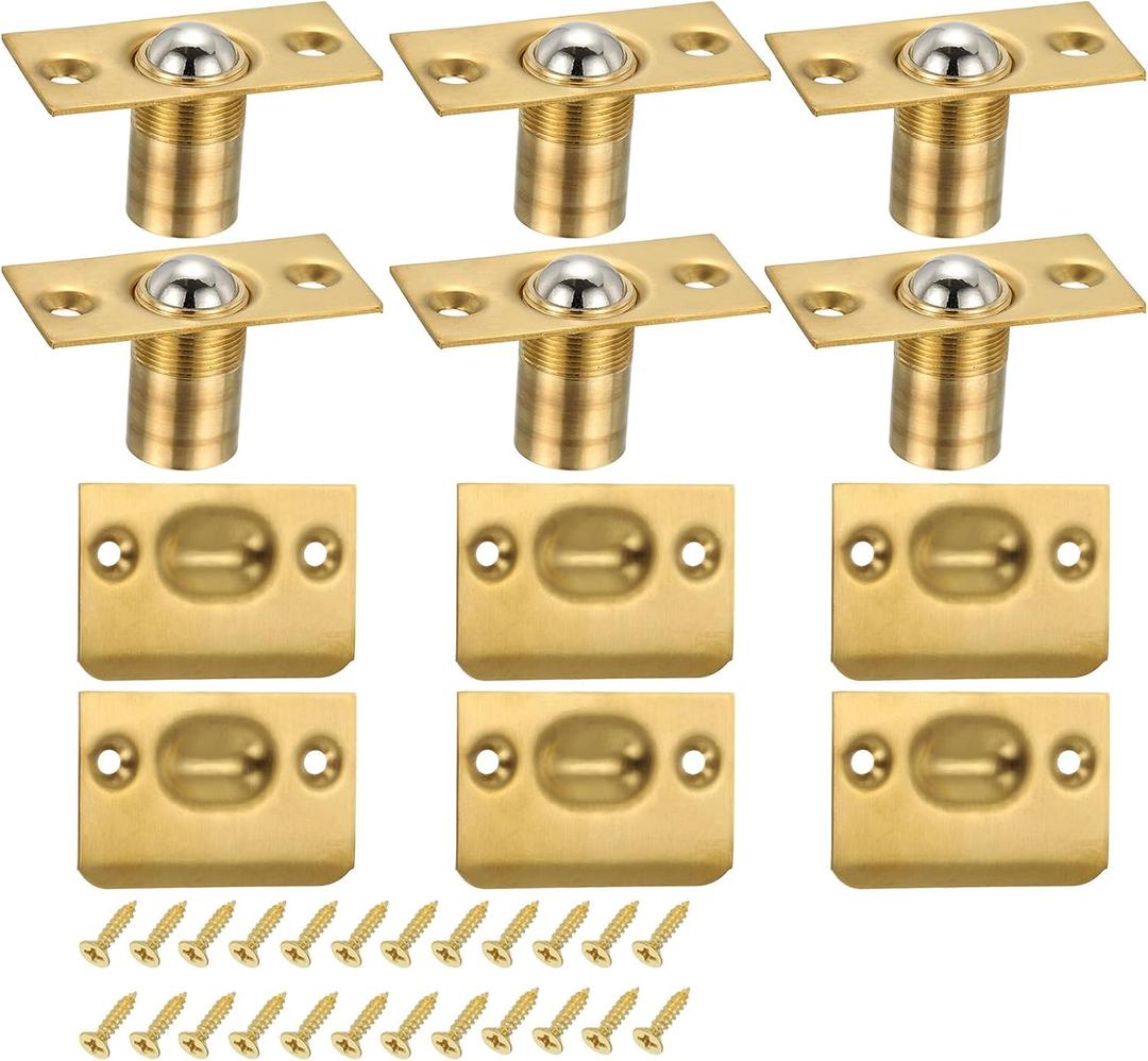 PATIKIL Stainless Steel Closet Ball Catch Door Hardware, 6 Pack Adjustable Cabinet Door Ball Catch Chrome Finish with Strike Plate & Screw for Interior Doors, Gold