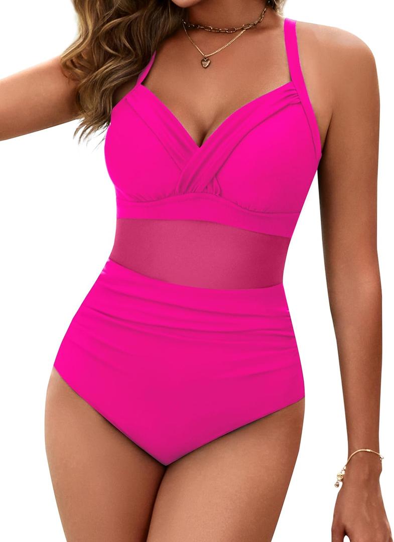 BMJL Women's One Piece Swimsuits Tummy Control Bathing Suit Slimming Sexy Mesh Swimwear (Large, Hot Pink043) BMJL Women's One Piece Swimsuits Tummy Control Bathing Suit Slimming Sexy Mesh Swimwear (Large, Hot Pink043)
