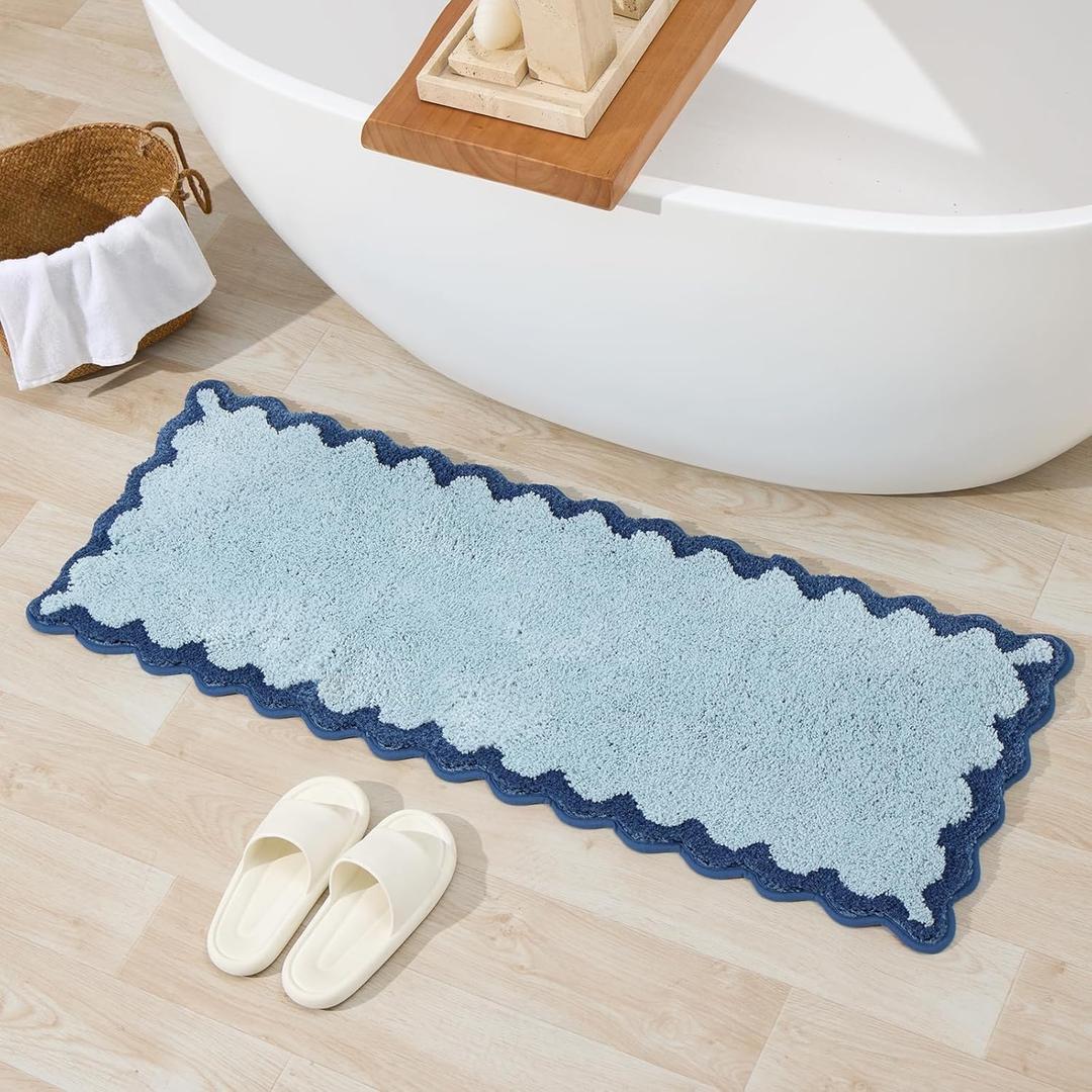 ORTIGIA Long Cute Scalloped Bathroom Rugs Runner, Fun Blue Plush Microfiber Scallop Bath Mats Non Slip Washable Quick Dry Absorbent, Rug Carpet for Bathtub Sink Laundry Room Bedroom, 17x47 (1'5" x 3'11")