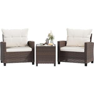 Shintenchi 3 Pieces Patio Furniture Set 3 Pieces PE Rattan Wicker Chairs with Table Outdoor Furniture for Backyard/Garden/Poolside/Outdoor Restaurant Brown Rattan with White Cushion