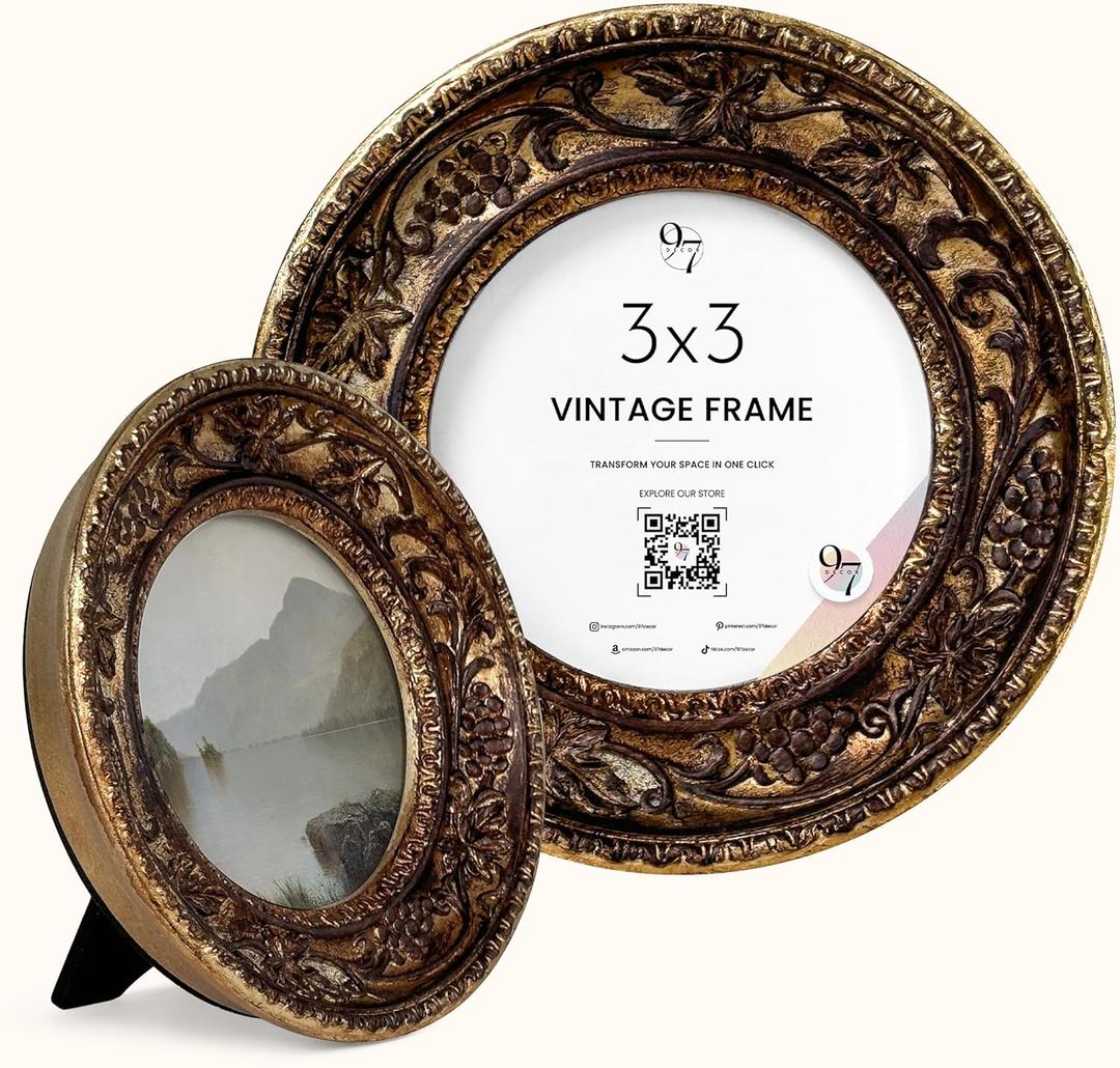 97 Decor Vintage Round Picture Frames 3 X 3 - Bronze Circle 3x3 Frame, Small Circular 3x3 Picture Frame, Mini Antique Round Frames With Glass Front For Tabletop And Wall Hanging, Vintage Wall Decor