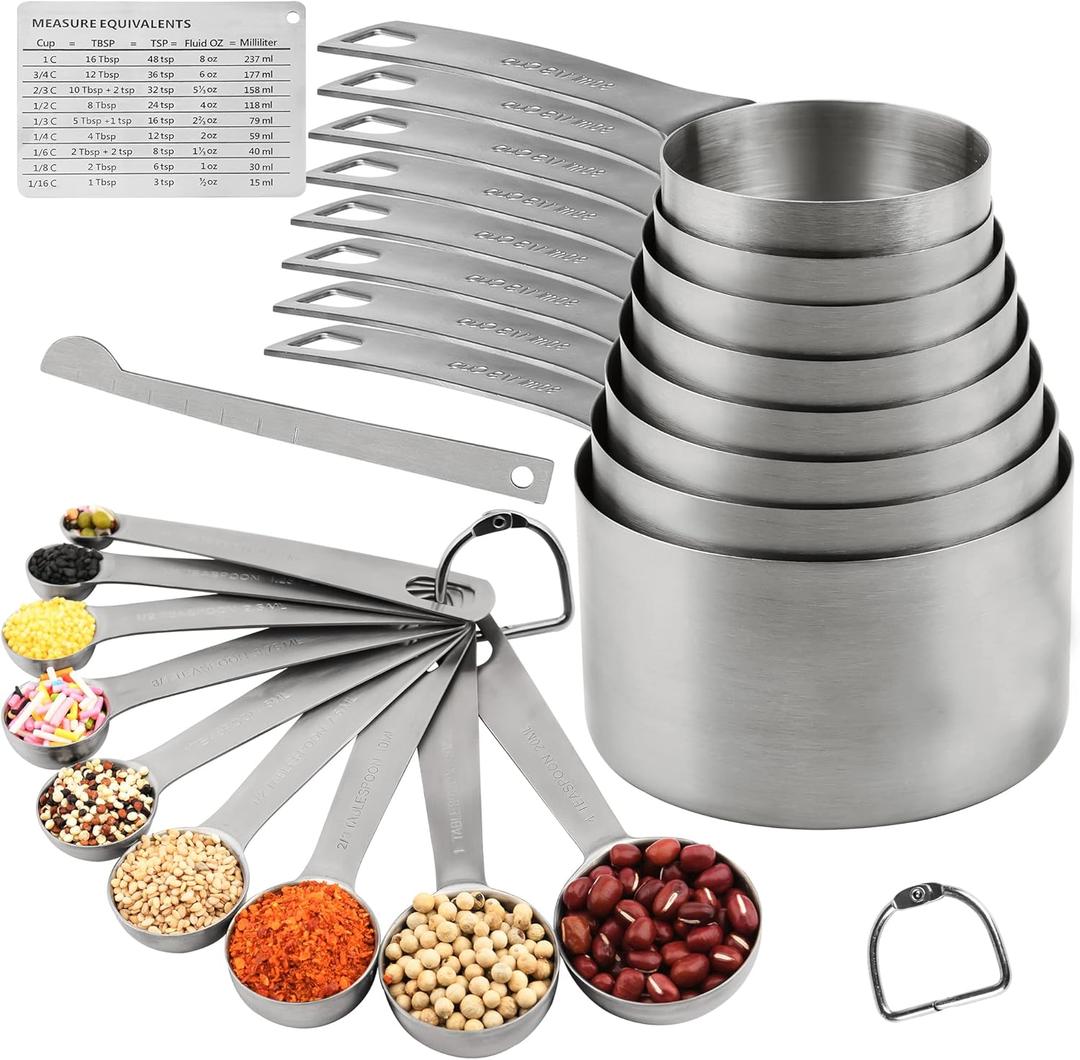 Measuring Cups Set 19, 18/8 (304) Stainless Steel Measuring Cups and Spoons Set, Metal Measuring Cups & Spoons & Leveler&Magnetic Conversion Chart for Kitchen and Baking