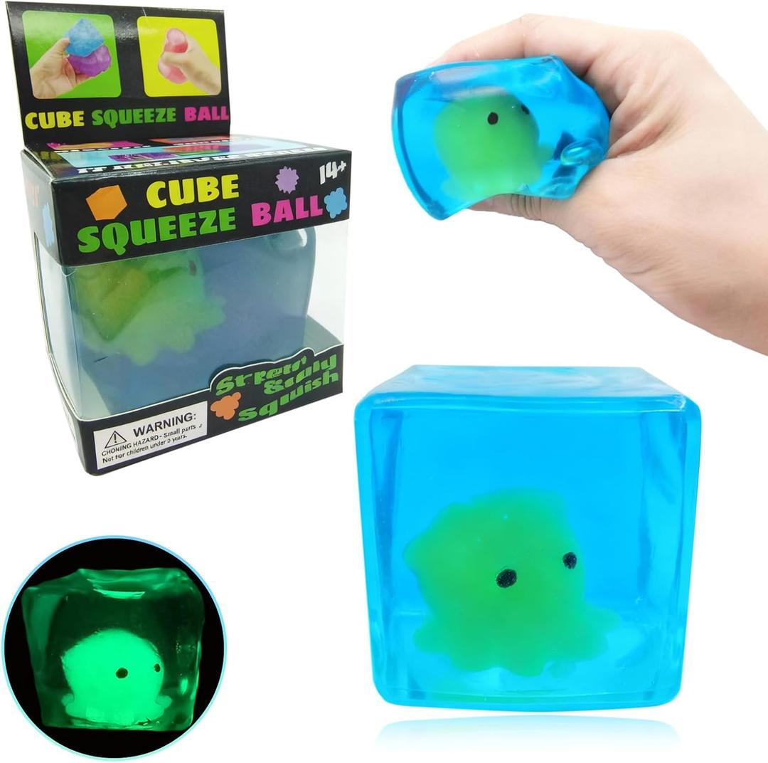 Squishy Stress Cube Fidget Toys ，Fun GlowinTheDark Octopus Squeeze Toy , Stress Balls for Autistic Kids ,Birthday Gift Classroom Prizes，Maltose Filling