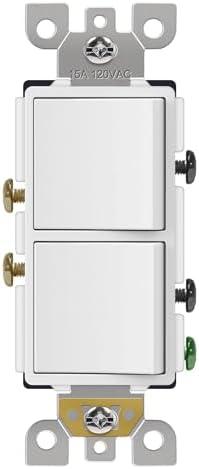 CML Double Rocker Decorator Light Switch, Dual Single Pole Paddle in-Wall Switch, Self-grounding Electrical On/Off Interrupter, 15A 120V, UL Listed, 1 Pack, White
