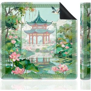 Chinoiserie Mahjong Mat for Table, Traditional Chinese Swallow Lotus Pond Pavilion Landscape 31.5" x 31.5" Non-Slip & Noise Reduction Mahjong Mat for Poker Dominoes Cards & Board Games