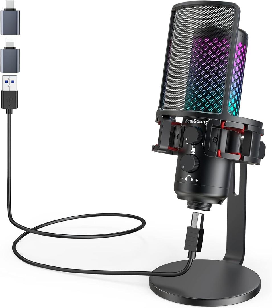 ZealSound USB Microphone for iPhone iPad Phone PC,RGB Gaming Microphone with Full Metal,Mute,Pop Filter,Gain for Podcasting,Streaming,YouTube,Voice Over (Stand)