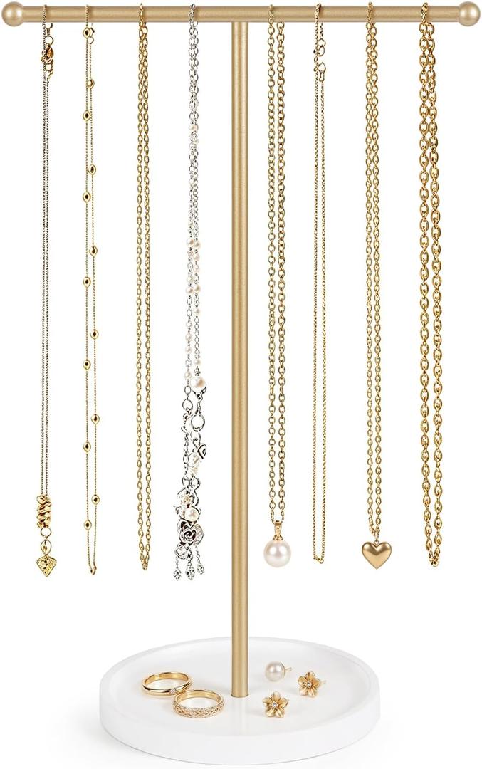 Mkono Necklace Holder Organizer, T-Bar Gold Jewelry Display Stand Wood Base