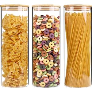 73oz Glass Pasta Storage Jars, Tall Glass Jars with Bamboo Lids, Spaghetti Container, Set of 3, Kitchen Storage Containers for Pasta, Pantry Organizers