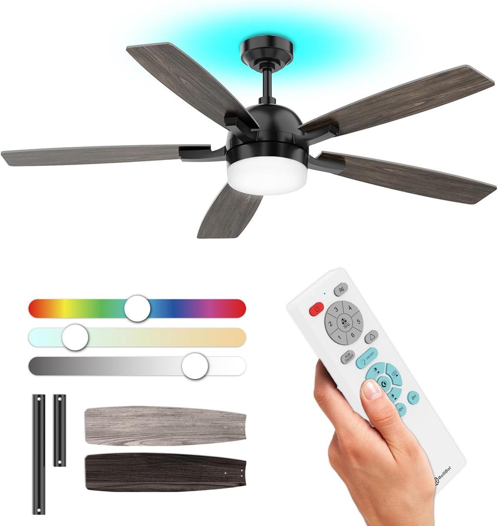 57-Inch Ceiling Fan with Lights and Remote, Top RGB LED & Dimmable Down Light, Ultra-Quiet, 6-Speed, Timer, Reversible Air Circulation Mode, All-Season Use for Bedroom, Living Room Black
