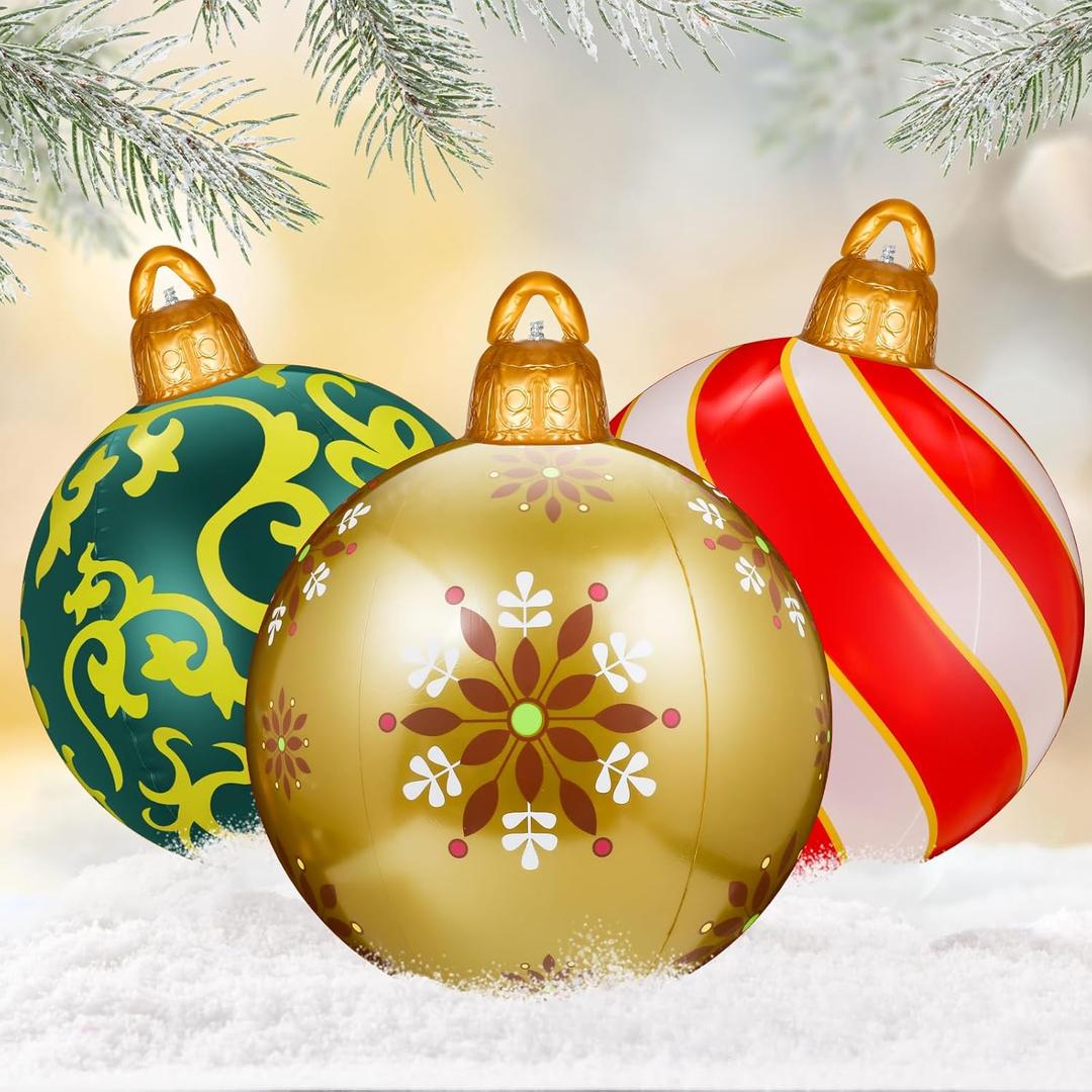3 Pcs 23.6 Inch Giant Christmas PVC Inflatable Decorated Ball Blow up Inflatable Christmas Yard Decorations Outdoor Large Xmas Ornaments Balls for Outside Lawn Yard Holiday Pool Decoration (Novel)