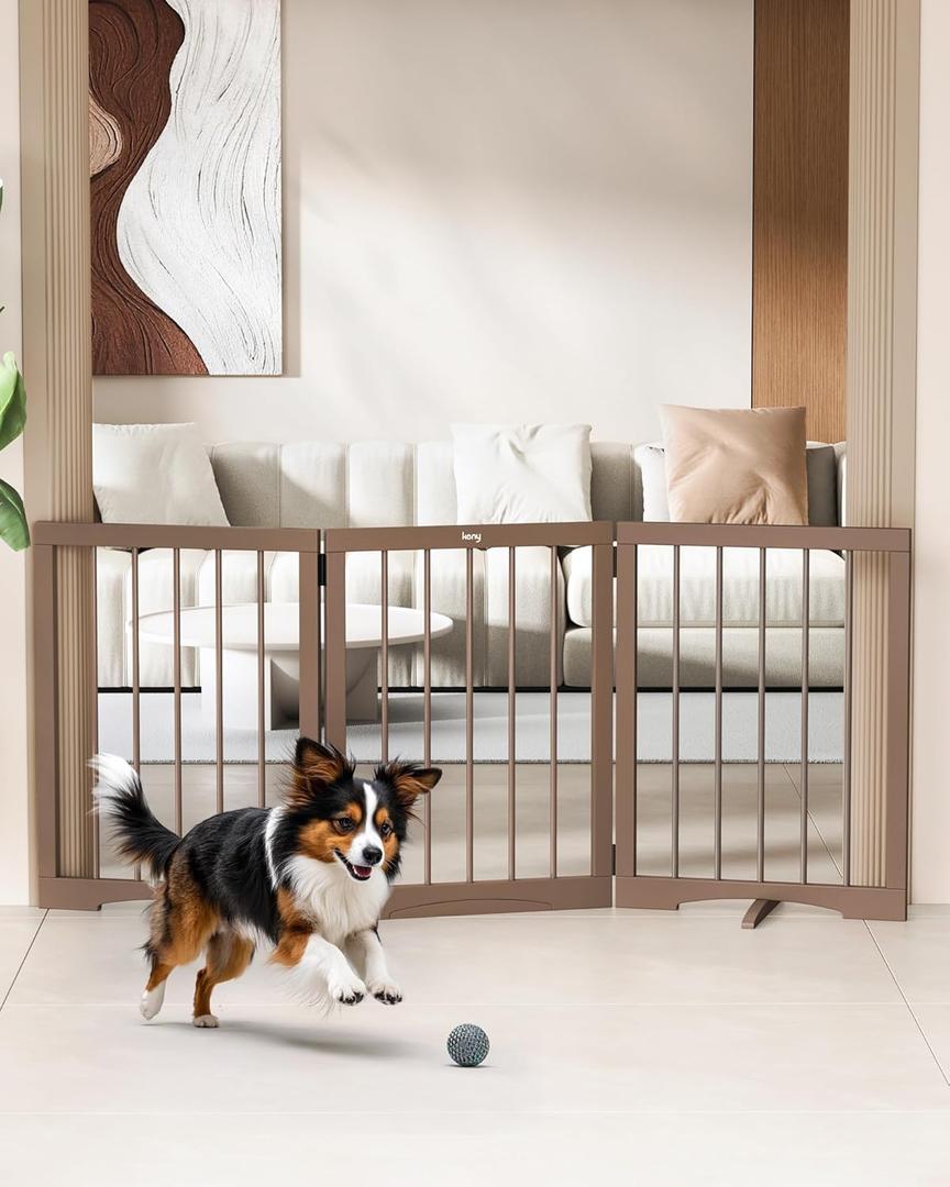 keny Dog Gate Indoor, 3 Panel Freestanding Dog Gates with Support Feet for Stairs, Pet Gates for Doorways Hallways, Foldable Pet Barrier for Puppy Sturdy, 53" L x 24" H, Brown