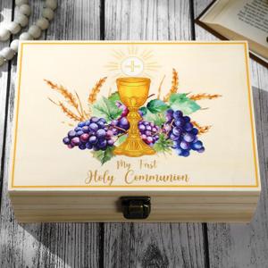 First Communion Wooden Box Keepsake Baptism Memory Box Gift First Holy Communion Jewelry Storage for Baptism Memory Keepsake， 8.5 x 6 x 3 inches(Elegant Feast)