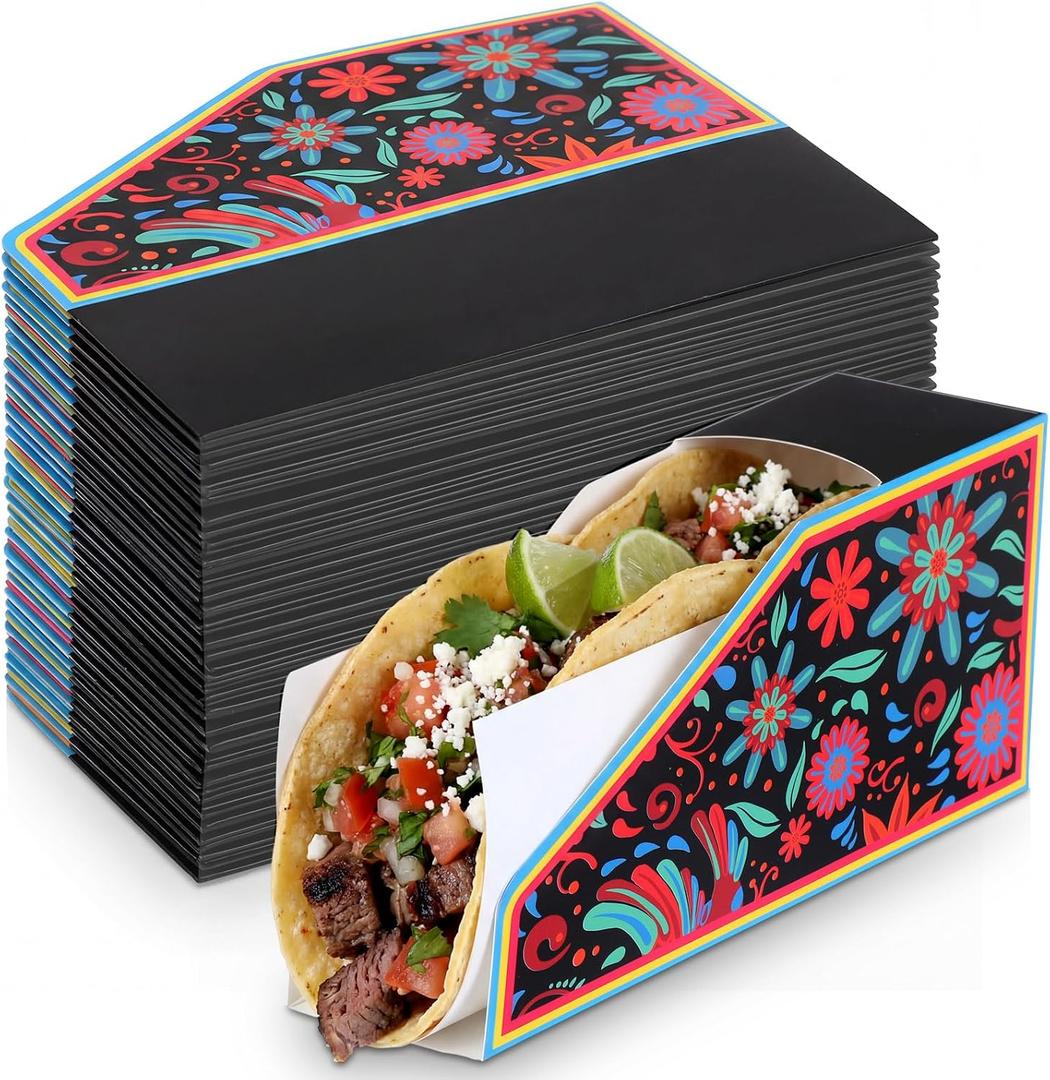 Affrolling 100 Pack Mexican Disposable Taco Holders with Greaseproof Paper, Pre-Assembled Plates for Cinco De Mayo Tuesday Taco Night Party Bar Fiesta Carnival Food Containers May 5th Decoration