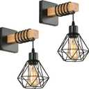 Rustic Wall Sconces Fixtures with Plug in Cord, Set of Two Indoor Vintage Rattan Wall Light Industrial Lamp Fixture Farmhouse Metal Sconces Light for Bedroom Bedside Living Room (2 PACK)