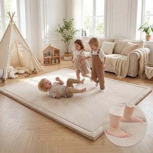 Baby Play Mat for Floor,1.3" Thick Elasti Foam Tummy Time Mat,Soft Coral Velvet Nursery Rug,79in×110in×1,2in Extra Large Non Slip for Crawling,Toddlers,Infants,kids,Tatami Style for Living Room,Classroom,Playroom(Beige)