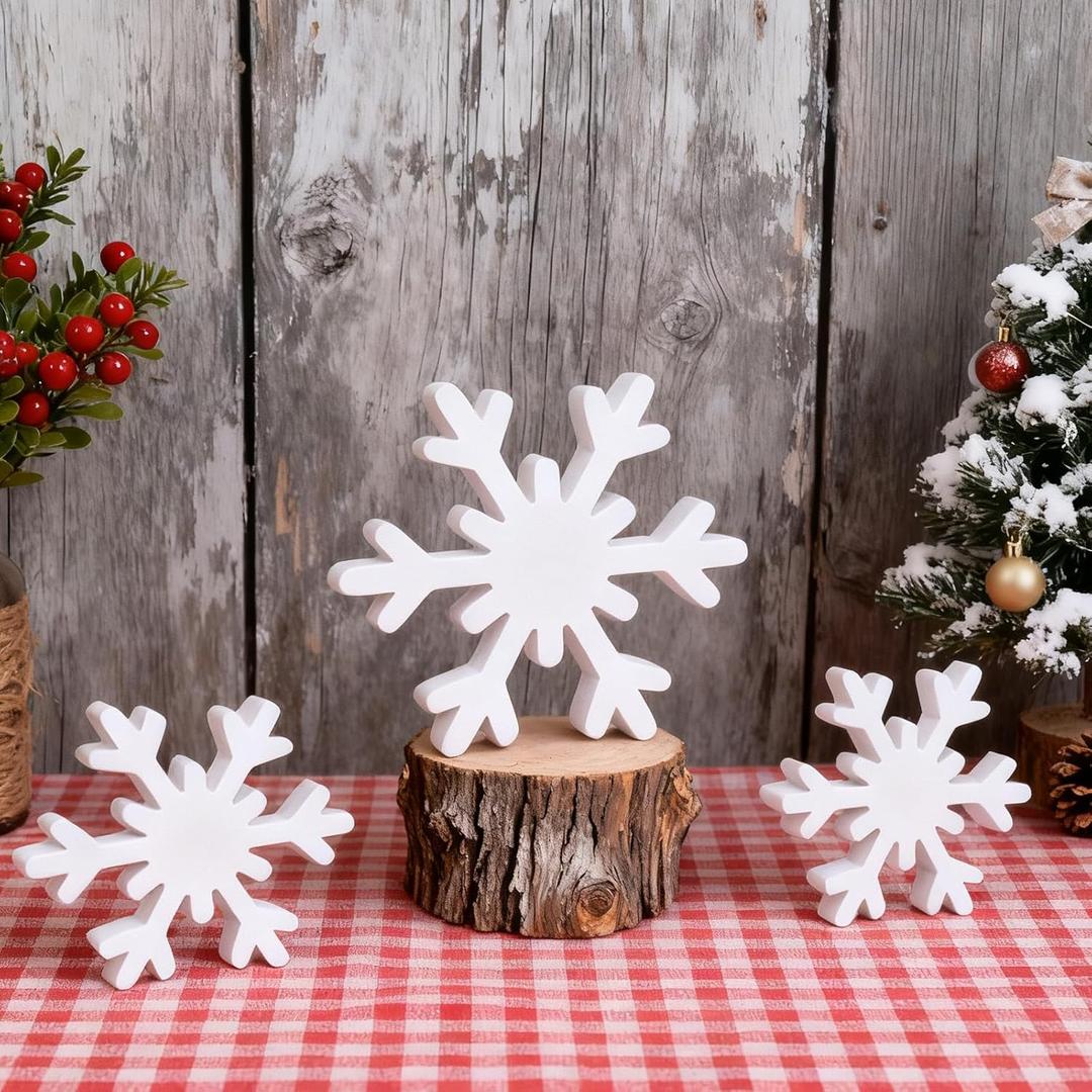 Christmas Decoration - 3PCS Snowflake Signs for Winter Decorations Farmhouse Rustic Wooden Snowflake Blocks for Tiered Tray, Mantel and Table Centerpiece Ornaments