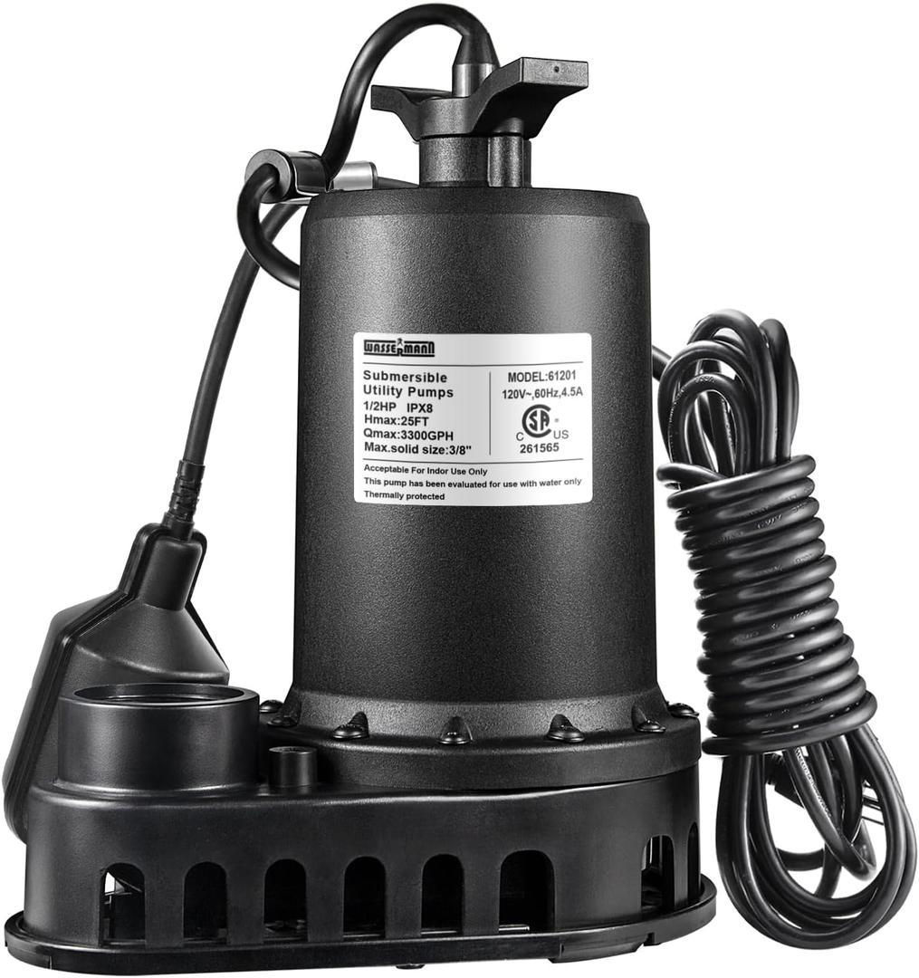 WASSERMANN 1/2HP Sump Pump,3300GPH Thermoplastic Utility Pump Electric Portable Transfer Clean/Dirty Submersible Pump with Float Switch for Pool Tub Garden Pond Draining with 10 FT Cord