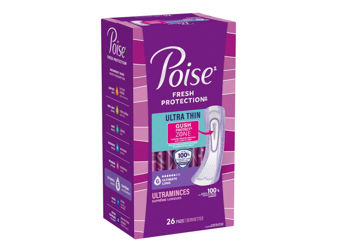 Poise Ultra Thin Long lenth Incontinence & Postpartum Pads - Ultimate Absorbency - 26 Count, 3 Pack 