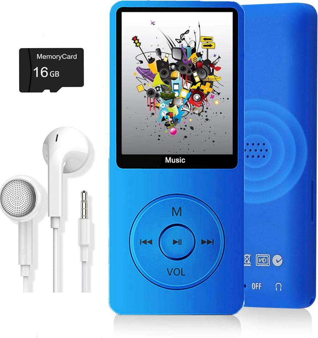 MP3 Player, Music Player with 16GB Micro SD Card, Build-in Speaker/Photo/Video Play/FM Radio/Voice Recorder/E-Book Reader, Supports up to 128GB (Dark Blue)
