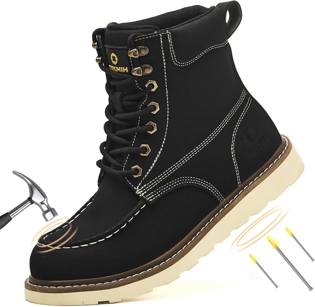 TAKMHI Steel Toe Boots For Men 6 Inch Waterproof Moc Toe Work Boots Comfortable Lightweight Safety Toe Shoes Indestructible Non Slip Puncture Resistant Industrial Construction Boot, Size 10.5
