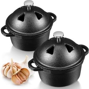 2 Pcs Garlic Roaster Baker Cast Iron Dutch Oven Pre-seasoned Cast Iron Pot 8 oz Mini Cocotte with Lid and Handle Small Black Potato Garlic Baker for Oven BBQ Grill Kitchen Outdoor