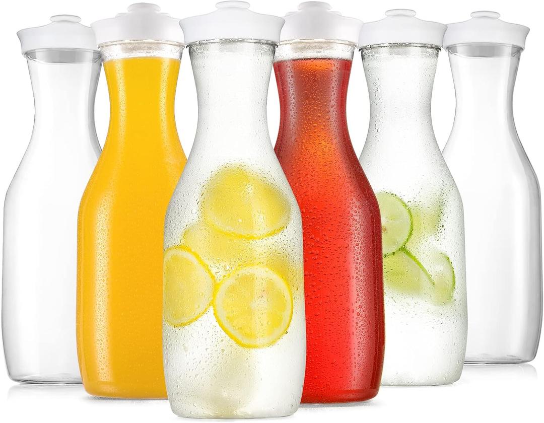 6 Pack Large 50 Oz Water Carafe with White Flip Top Lid, Clear Plastic Juice Jar Containers, Mimosa Bar Beverage Pitcher BPA Free - for Water, Iced Tea, Juice, Lemonade, Milk, Soda —HAND WASH ONLY