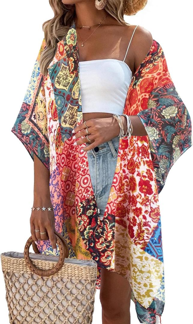 Beautiful Nomad Women's Kimono Swimsuit Coverups Beach Floral Casual Cardigan Bathing Suit Cover Up for Summer Swimwear (Boho Orange Color)