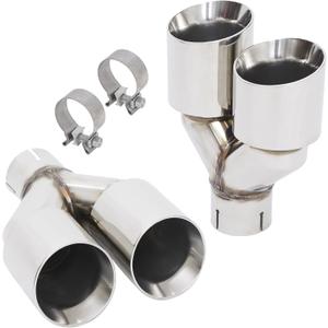 2.5" Dual Exhaust Tip 2.5 inch Inlet 3.5 inch Outlet 9.5 inch Overall Length Stainless Steel Double Wall Angle Cut Exhaust Tip with Clamp,2-Packs(Left and Right)