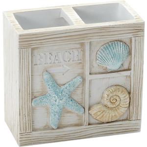 Zenna Home Seaside Serenity Bathroom Toothbrush Holder with Carved Resin Design, Holds Up to 4 Brushes, Electric Toothbrush Holder for Bathroom Decor with Hand-Painted Shells, Teal/Ivory (1 Count (Pack of 1))