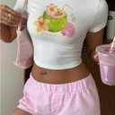 Women's Graphic Bow Short Sleeve Crewneck Crop Tops Slim Fit Y2K Cute T Shirts (White, S)