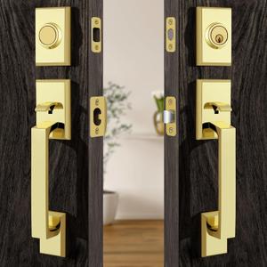 Moquin Double Front Door Lock Set, Polished Brass Square Front Door Hardware Set with Dummy, Heavy Duty Door Handle with Deadbolt, Double Entry Door Lock Set with Reversible Handle