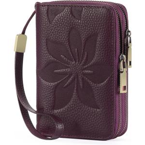 GOIACII Women's Wallet Double Zip Around Credit Card Holder Ladies Wallet Rfid Blocking Wristlet Purse Medium Size Leather Purple