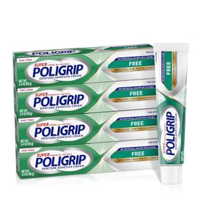 Super Poligrip Zinc Free Denture and Partials Adhesive Cream, 2.4 Ounces, Pack of 4