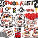 191PCS Two Fast Birthday Party Decortions, 2 Fast Birthday Decorations Includes Banner, Plates, Tablecloth, Cups, Balloons, Cake Topper, Boys Race Car Party Baby Shower Decorations Serve 24 Guests