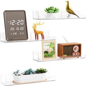 Yieach 4 Pack Acrylic Shelves for Wall Storage,No Drilling Adhesive Shelves,Clear Stick On Bathroom Wall Shelf Organizers,Plastic Floating Shelves for Perfume,Funko,Lego,Skincare,Bookshelf for Kids