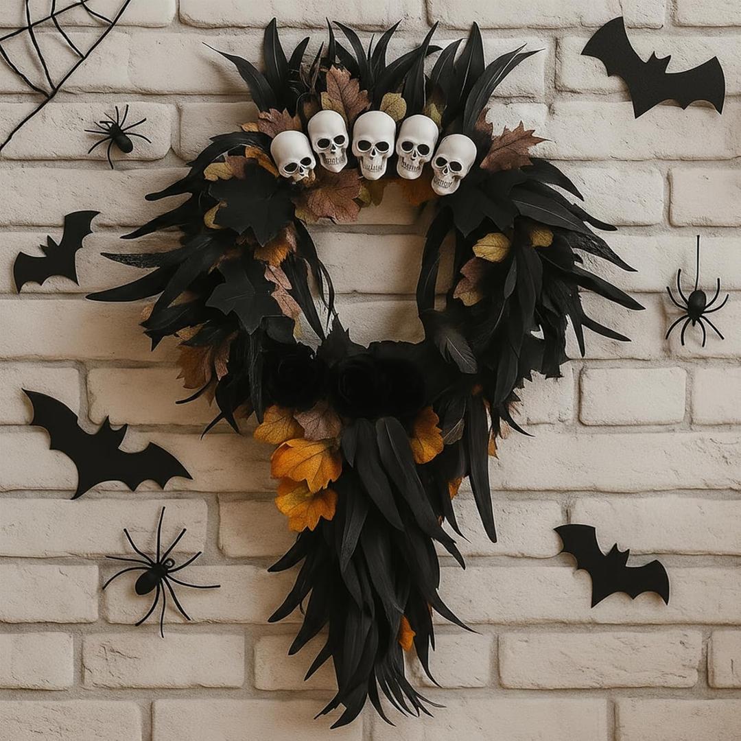 Halloween Wreath for Front Door 24 Inch Large Artificial Skulls Black Artificial Roses, Skeleton, Maple Leaves Outdoor Wreath Decor, Scary Creepy Halloween Decorations for Front Door and Wall