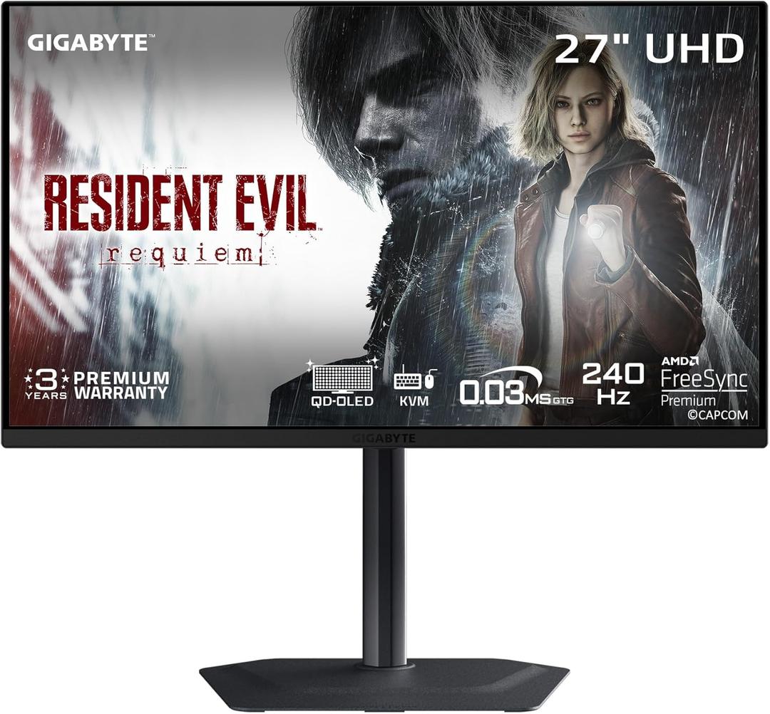GIGABYTE - MO27U2-27" QD-OLED Gaming Monitor - UHD 3840x2160-240Hz - 0.03ms GTG - AMD FreeSync Premium Pro, G-SYNC Compatible - Type C KVM - HDMI, DP, Type-C - Height and Tilt Adjustable - Black