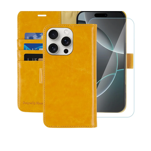 MONASAY Wallet Case Compatible for iPhone 16 Pro 5G,[Glass Screen Protector Included] [RFID Blocking] Flip Folio Leather Cell Phone Cover with Credit Card Holder, 6.3-inch, Yellow