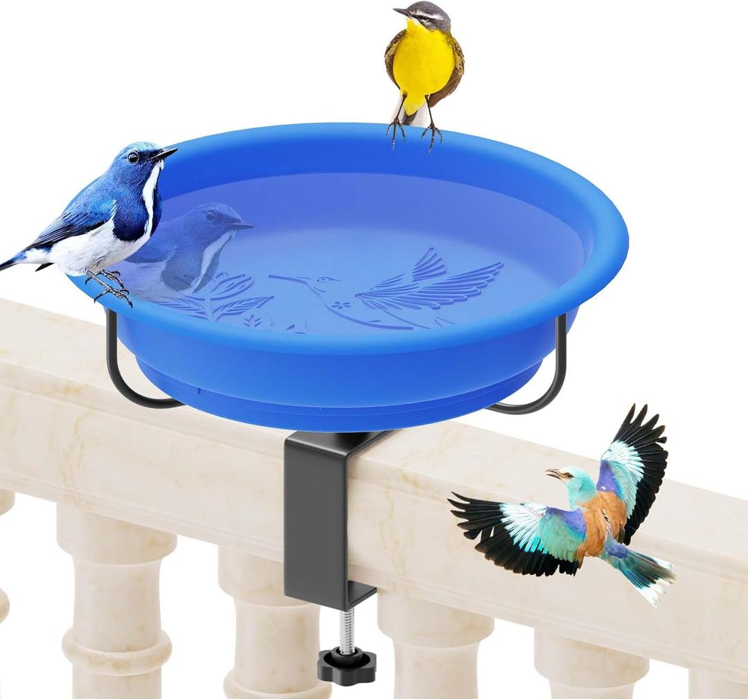 Deck Mounted Bird Bath for Outside, Detachable Plastic Birdbath & Birdfeeder Bowl with Adjustable Metal Clamp, Easy to Clean & Install Bird Baths for Railing Balcony Fence Garden Decor (Blue)