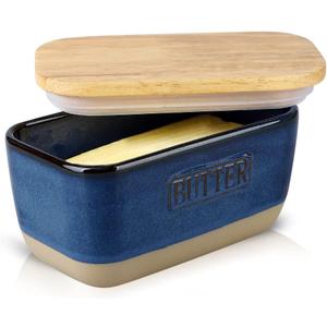 HVH Ceramic Butter Dish with Lid for Countertop, Airtight Butter Keeper with Wooden Lid, Butter Dishes with Covers, Ceramic Butter Container for East West Coast Butter, Farmhouse Style (Blue)