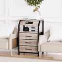 SZLHANJZ End Table with 3 Drawers, Night Stand with Charger Station and LED Lights, Small Nightstand with Fabric Storage, Farmhouse Side Table for Bedside, Living Room, Dorm, Greige