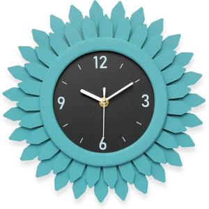 Honiway Wall Clock Battery Operated 12 Inch Rustic Wood Beach Sunburst Decorative Wall Clock Silent Non-Ticking Coastal Wall Decor Clocks for Living Room Kitchen Bathroom Bedroom (Cyan)
