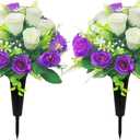 Artificial Cemetery Flowers,Cemetery Flowers for Grave,Outdoor Grave Decorations Roses,Memorial Flowers Bouquet with Cemetery Vase for Headstone Tombstone Decoration,2 Sets (Purple White)