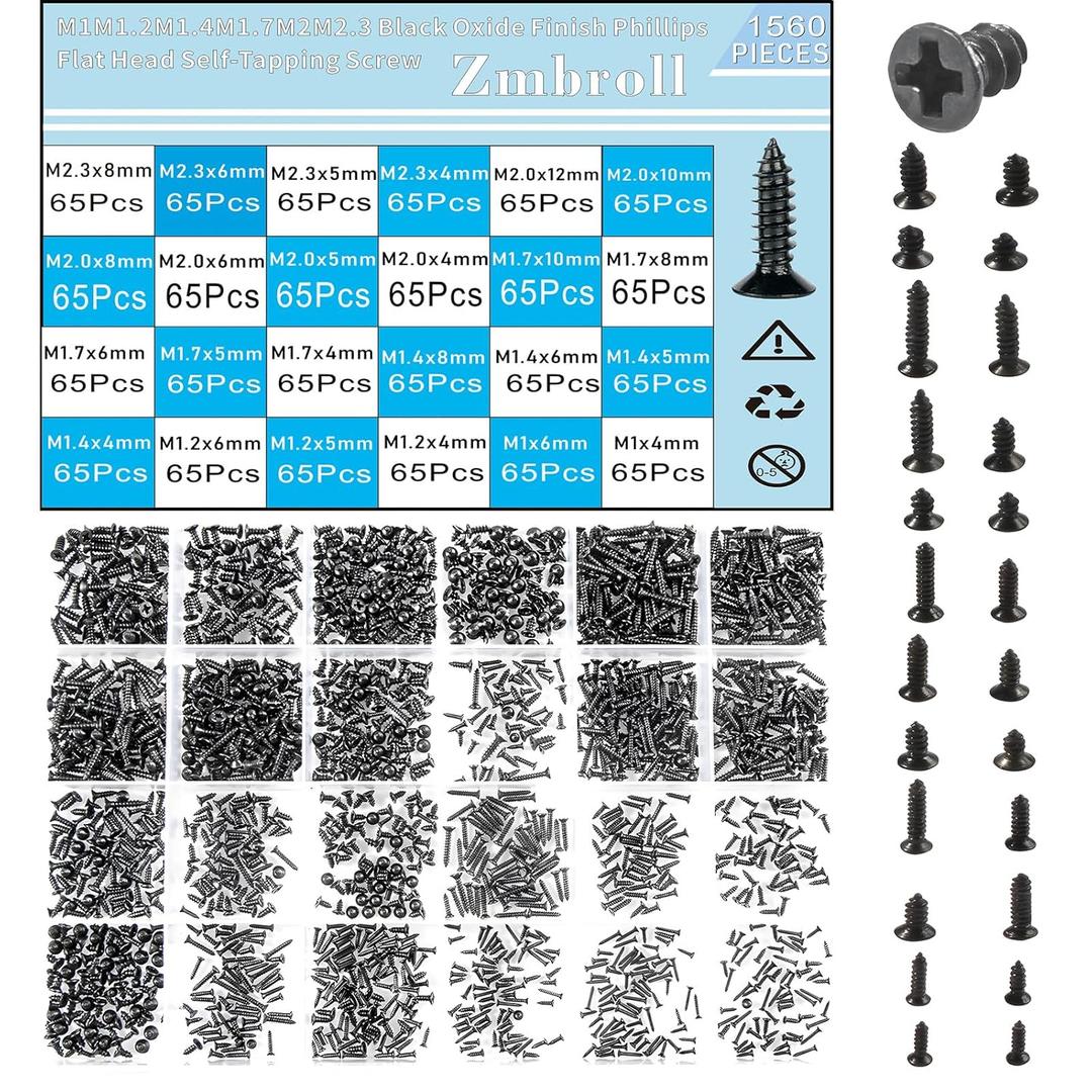 1560Pcs Black Flat Head Self Tapping Screws M1/1.2/1.4/1.7/2/2.3 Mini Cross Drive Countersunk Tiny Screw Woodworking Small Fastener Screws 24 Size Assortment Kit for Electronic DIY