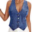 MakeMeChic Women's Jean Vest Top Y2k V Neck Sleeveless Denim Top Single Breasted Crop Jacket Cowboy Chic (Large)