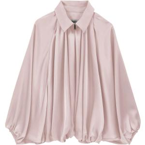 Women's Satin Puffed Bomber Jacket Oversized Batwing Sleeve Lapel Collar Pleated Zip Up Outerwear Shirts, Large