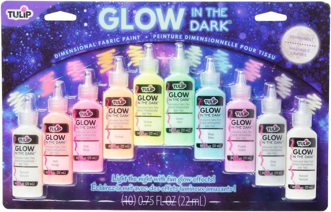 Tulip Glow in the Dark Dimensional Fabric Paint, Permanent DIY Fashion Art, Multi-Surface Craft Paint, Great for Costumes, Pumpkins, Decor, Pack of 10